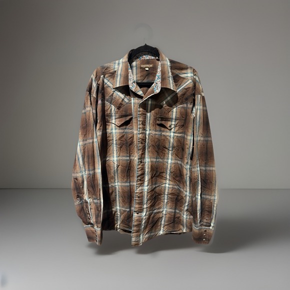 Stetson‎ Shirt Mens XL Brown Blue Plaid Pearl Snap Western Long Sleeve Cowboy - Picture 1 of 15